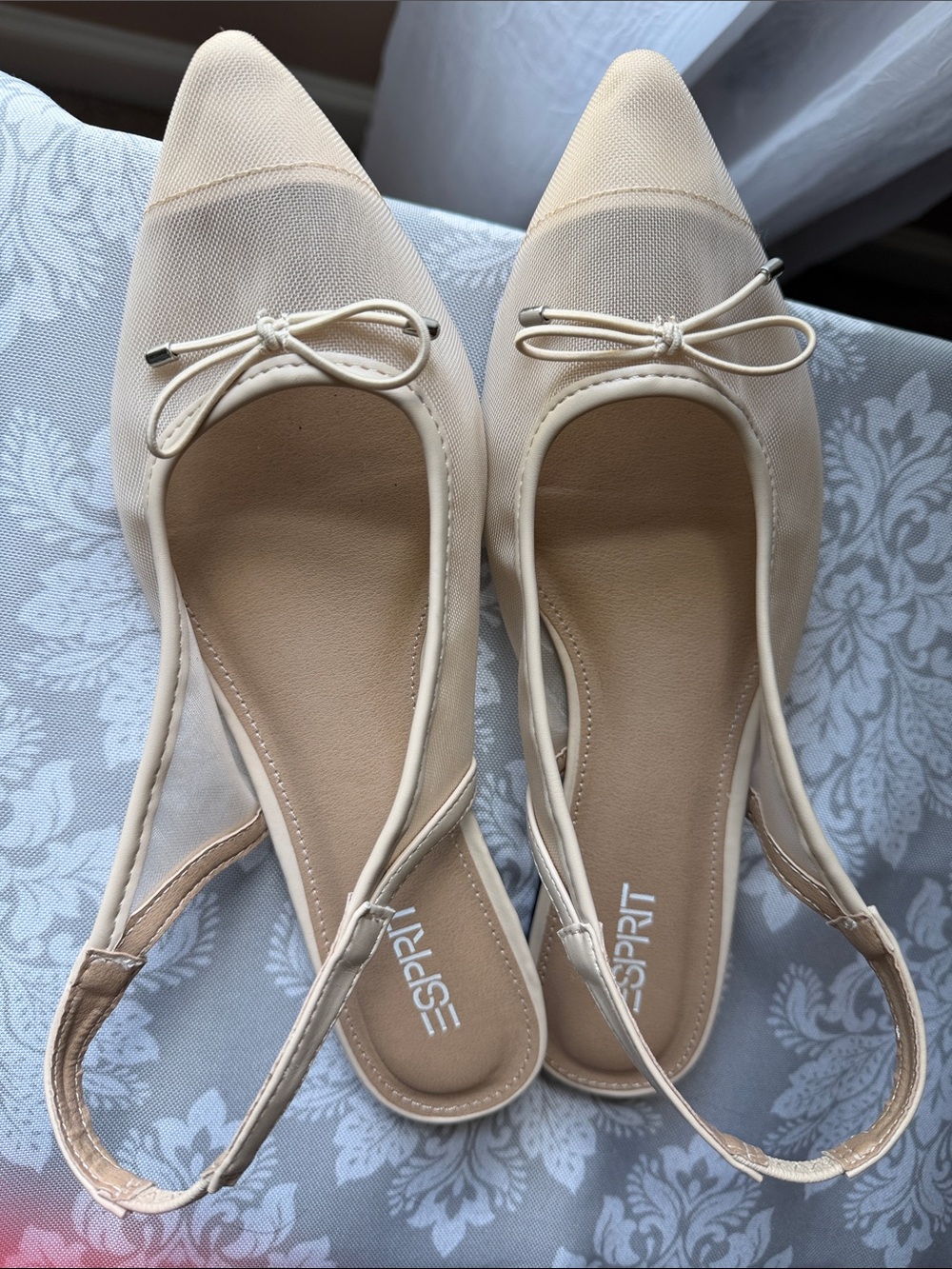 Esprit Nude Pointed Toe Slingback Flats with Bow Accent